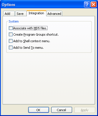 Options dialog - Integration tab